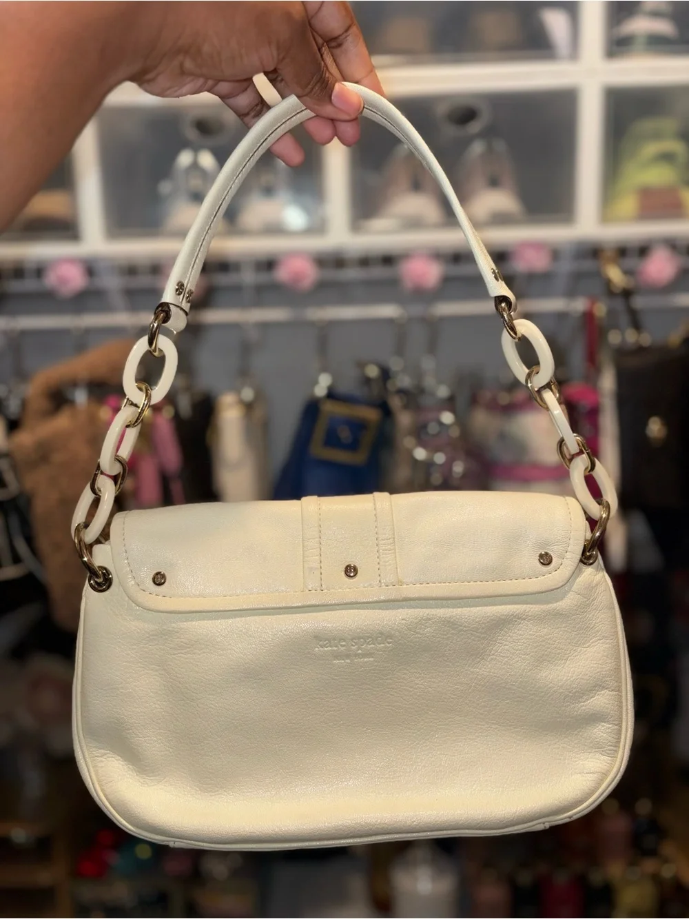 kate spade Cream Leather Shoulder Bag with Gold Hardware